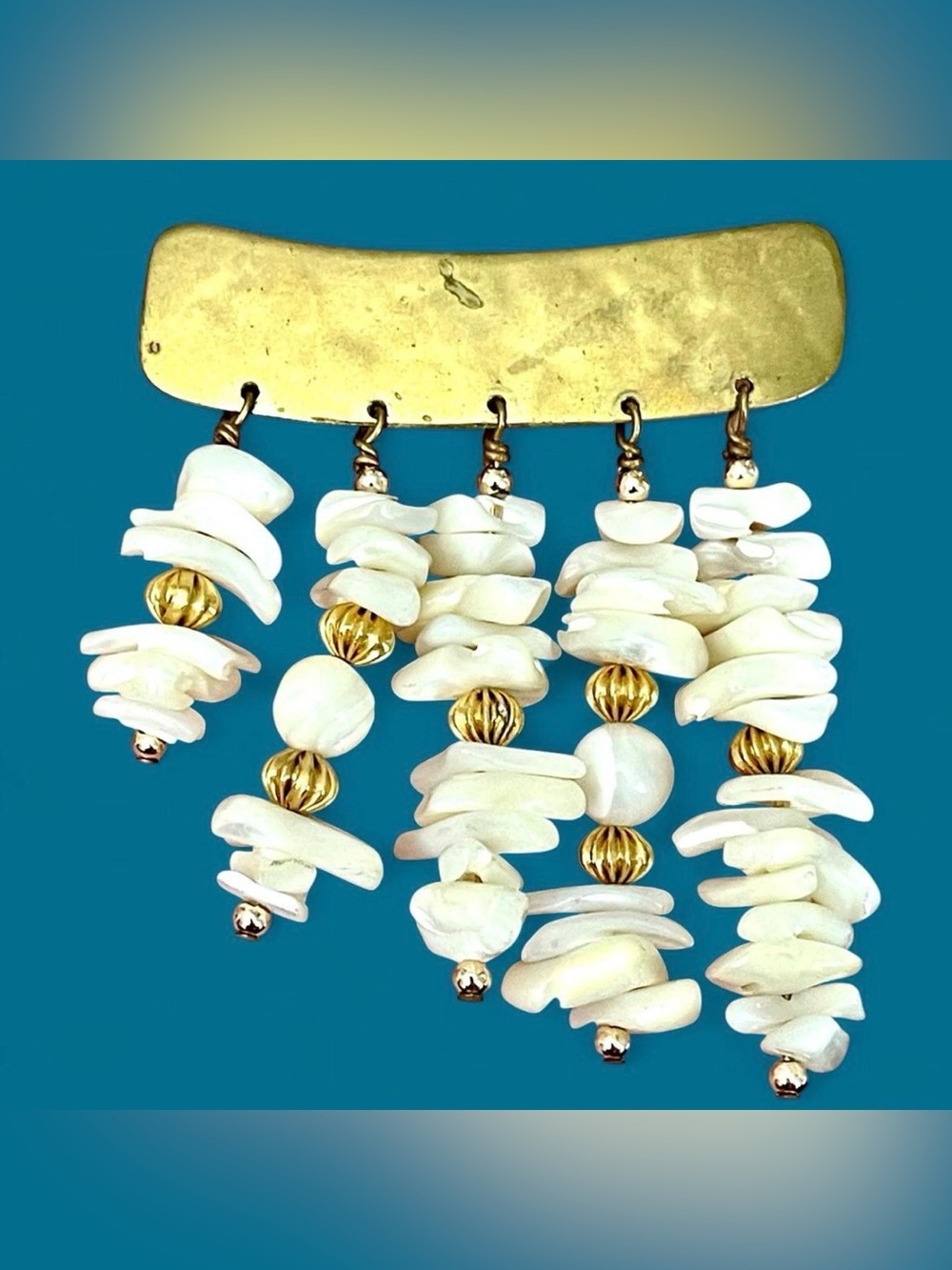 Vintage 1970s Brass Hammered Mother of Pearl Shell Dangle Brooch Coastal Artisan